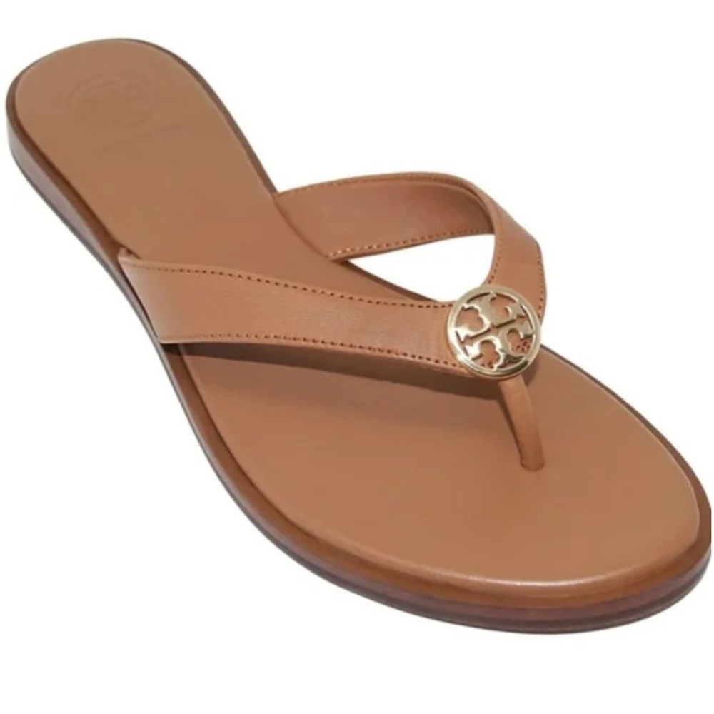 AUTHENTIC TORY BURCH TAN FLIP FLOPS GOLD LOGO BENTON Size 7